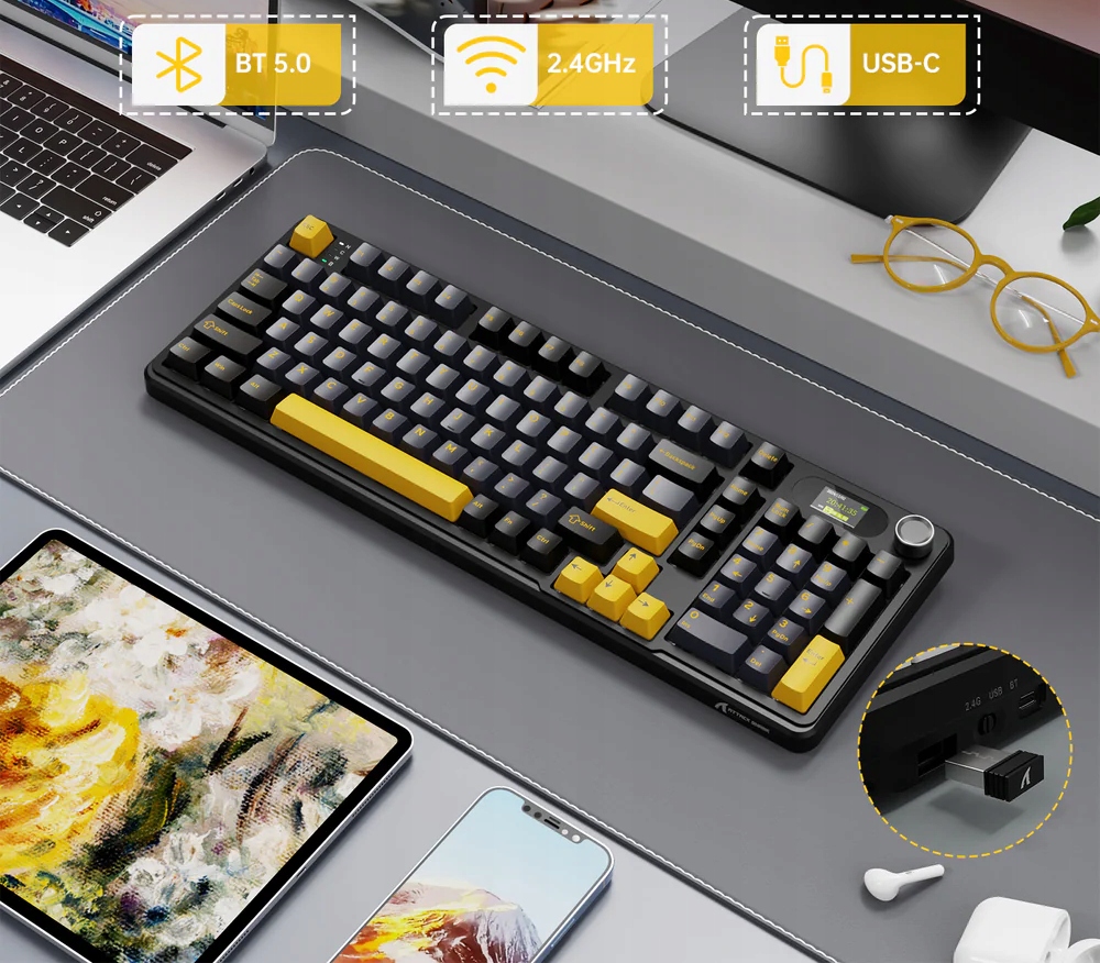 Trzy tryby łączności klawiatury ATTACK SHARK X98 PRO: 2.4GHz, Bluetooth 5.0 oraz USB-C.